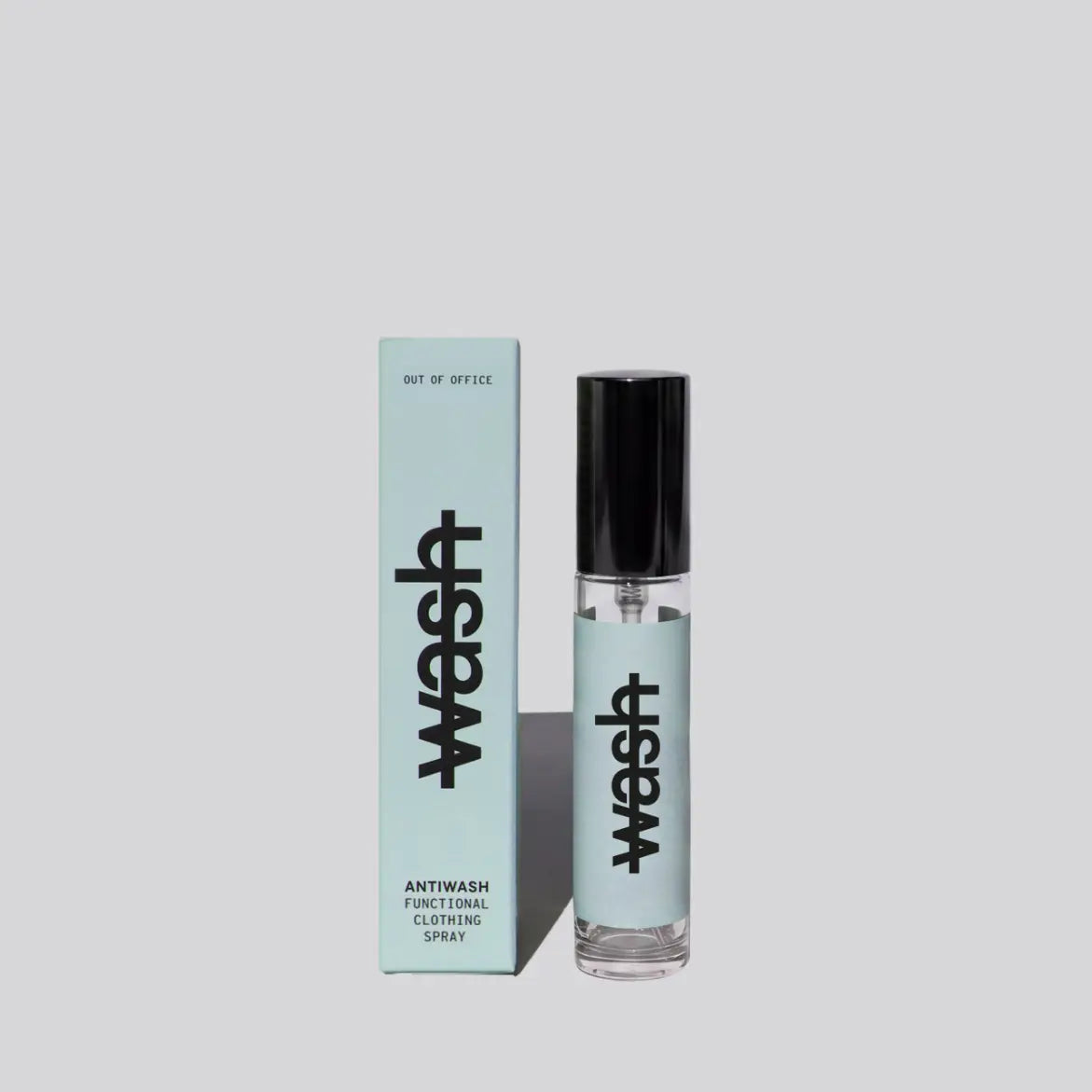 a clear 15m bottle w black cap standing next to its matching box both in a blue label for Antiwash Functional Clothing Spray.