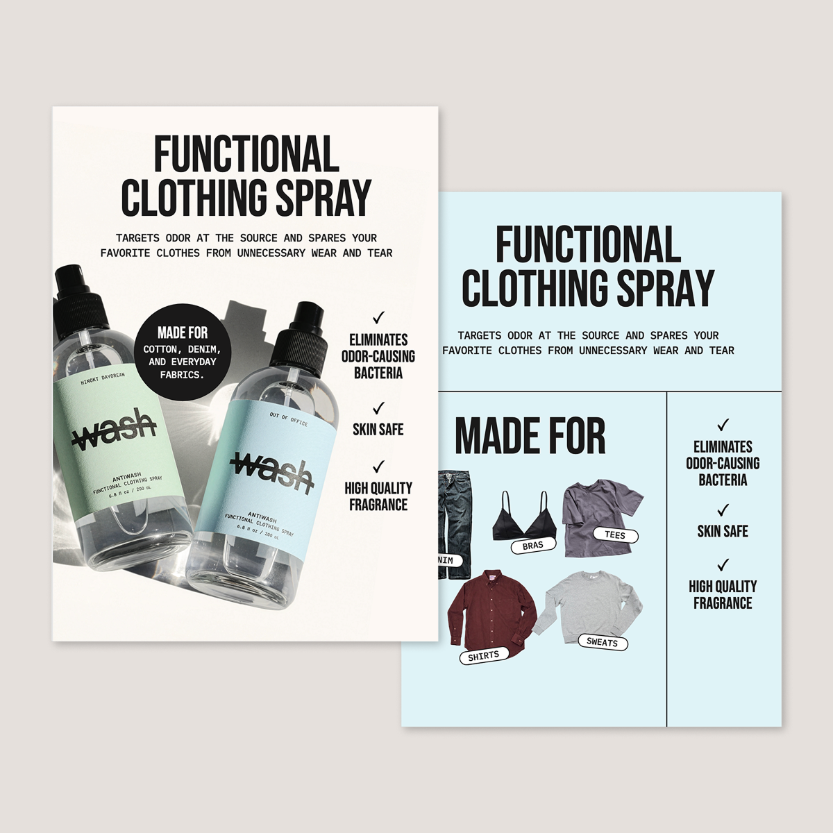 shelf talkers of functional clothing spray benefits and made for which includes made for cotton, denim, and everyday fabrics and eliminates odor-causing bacteria, skin safe, high quality fragrance